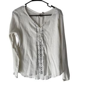 Aventura Shirt Womens Medium White Gray Embroidered Organic Cotton Boho Top